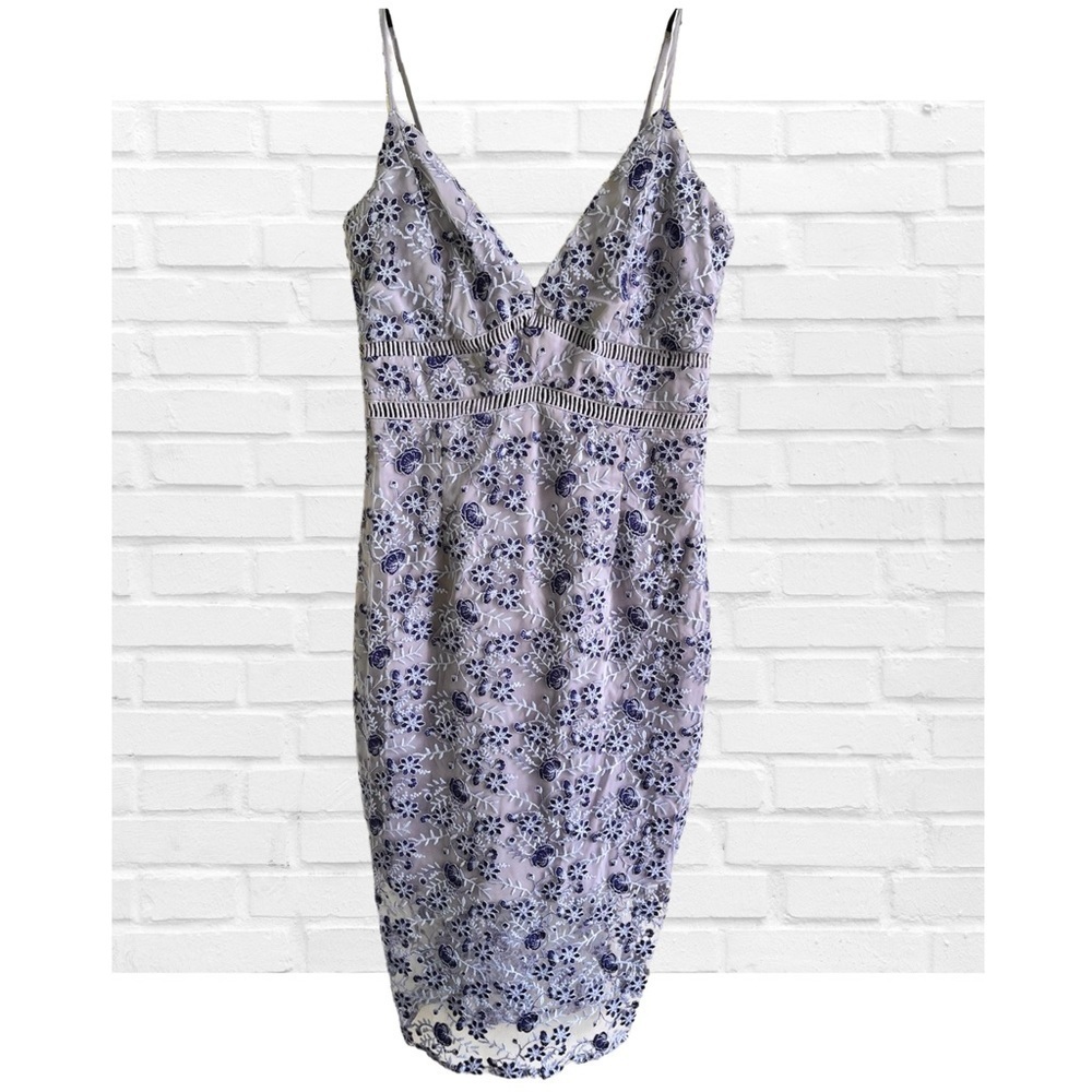 Bardot Floral Lace Overlay Spaghetti Strappy Blue Babydoll Empire Waist Prom 8